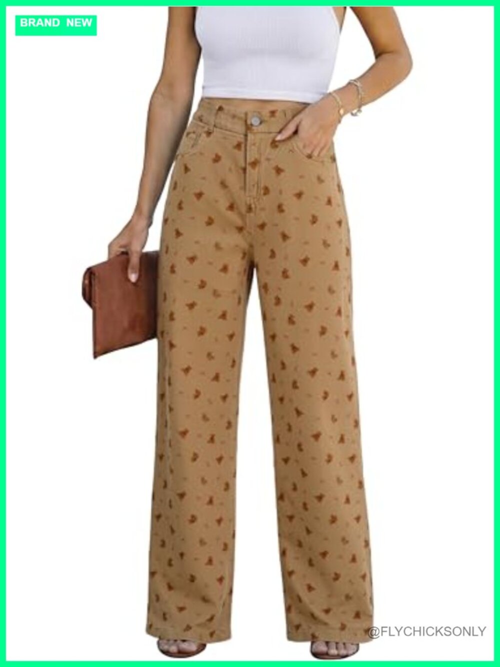 Women's High Waisted Wide Leg Floral Jeans Palazzo Trousers with Pockets